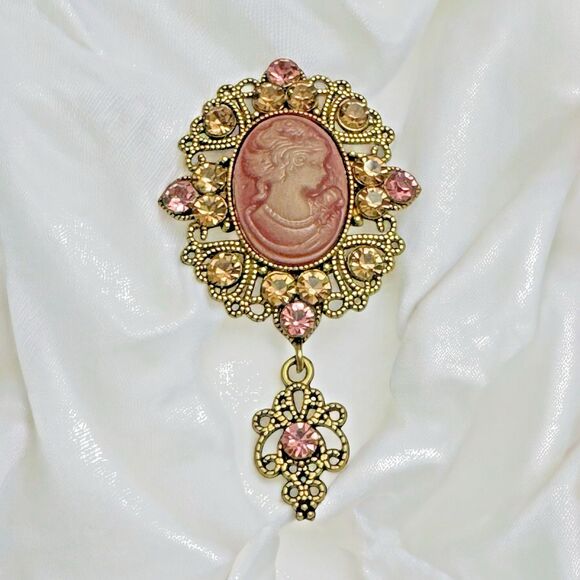 Vintage Cameo Brooch Pink & Champagne Rhinestones Gold Tone 3" - Picture 1 of 6